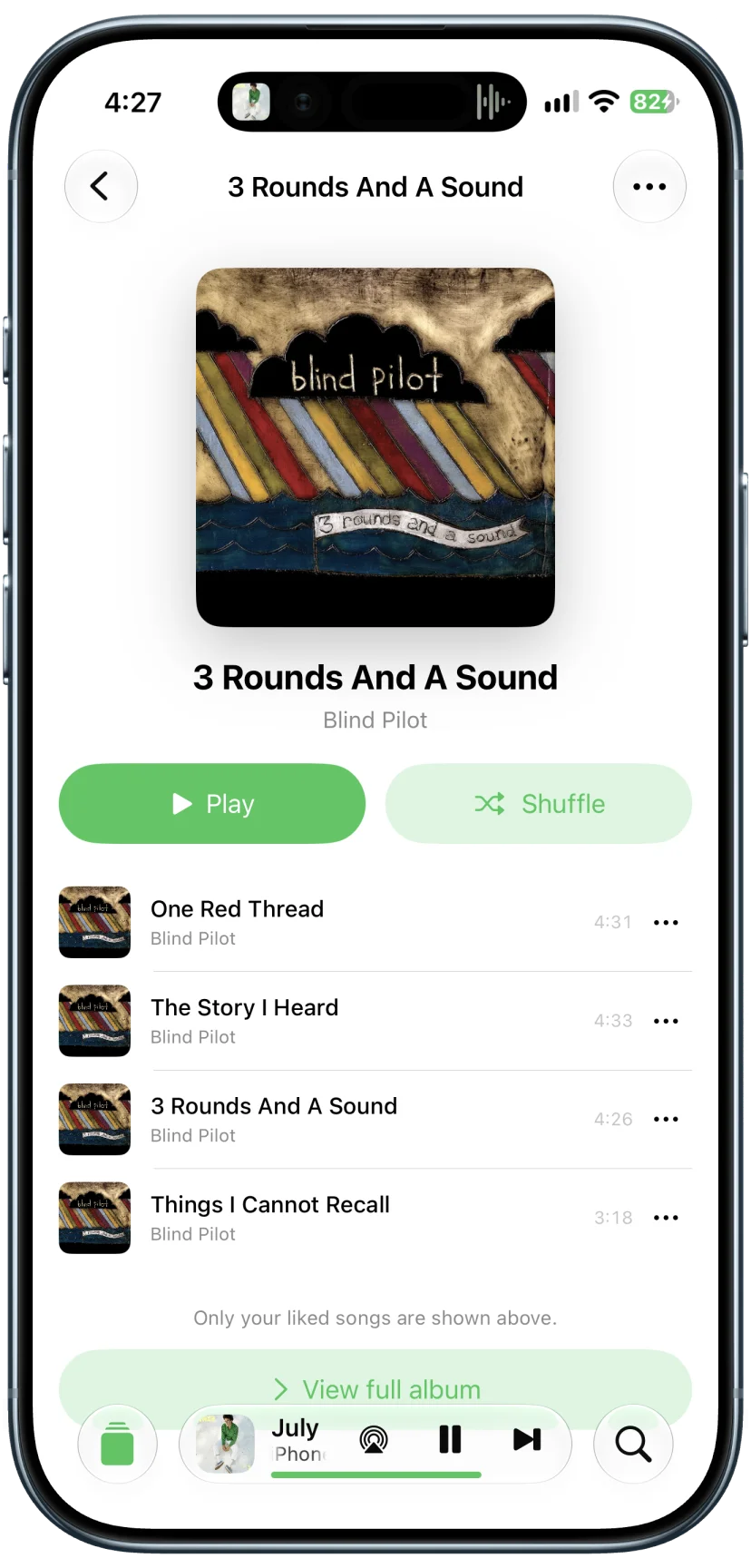 Album page showing liked tracks and a View full album button