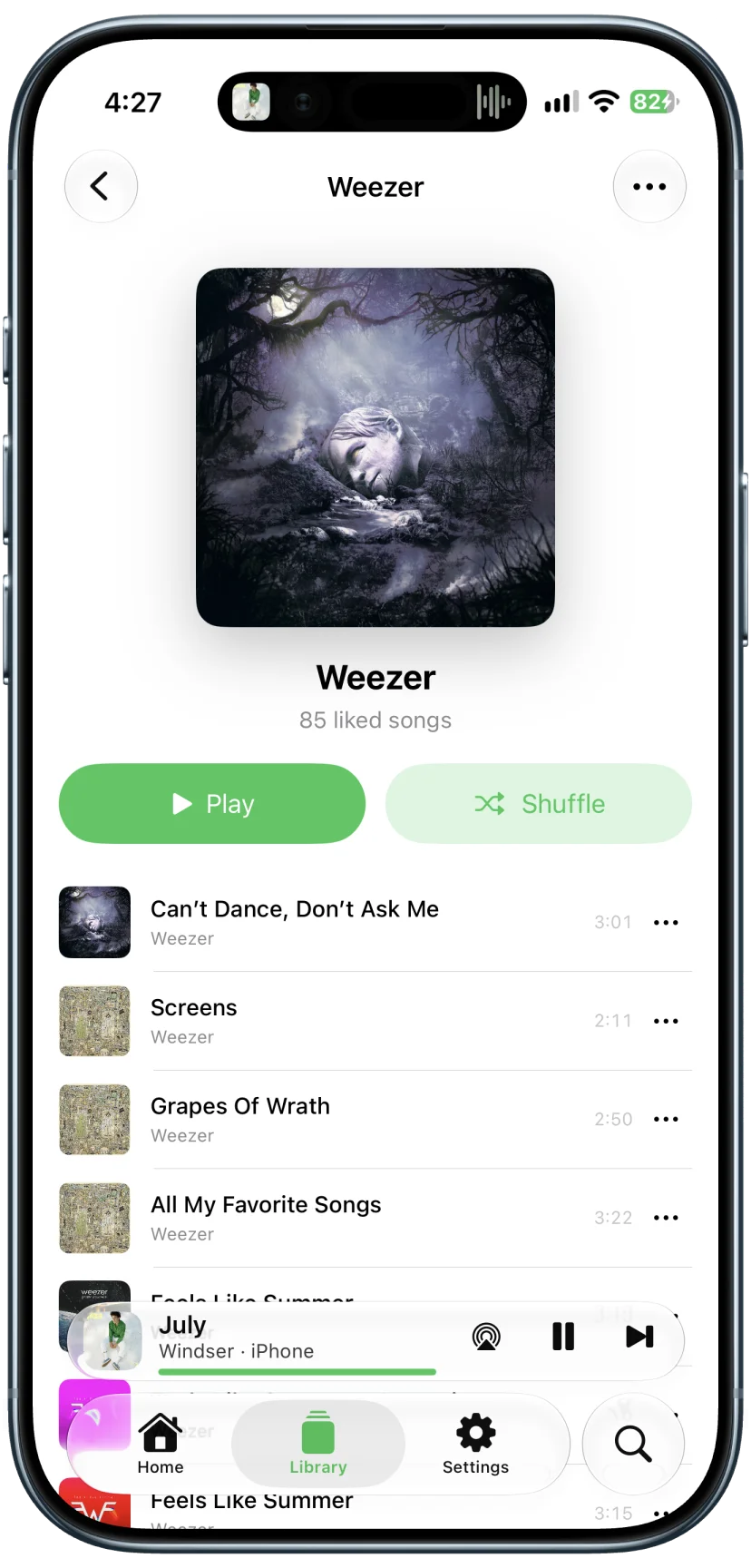 Weezer artist page collecting liked songs with play and shuffle controls