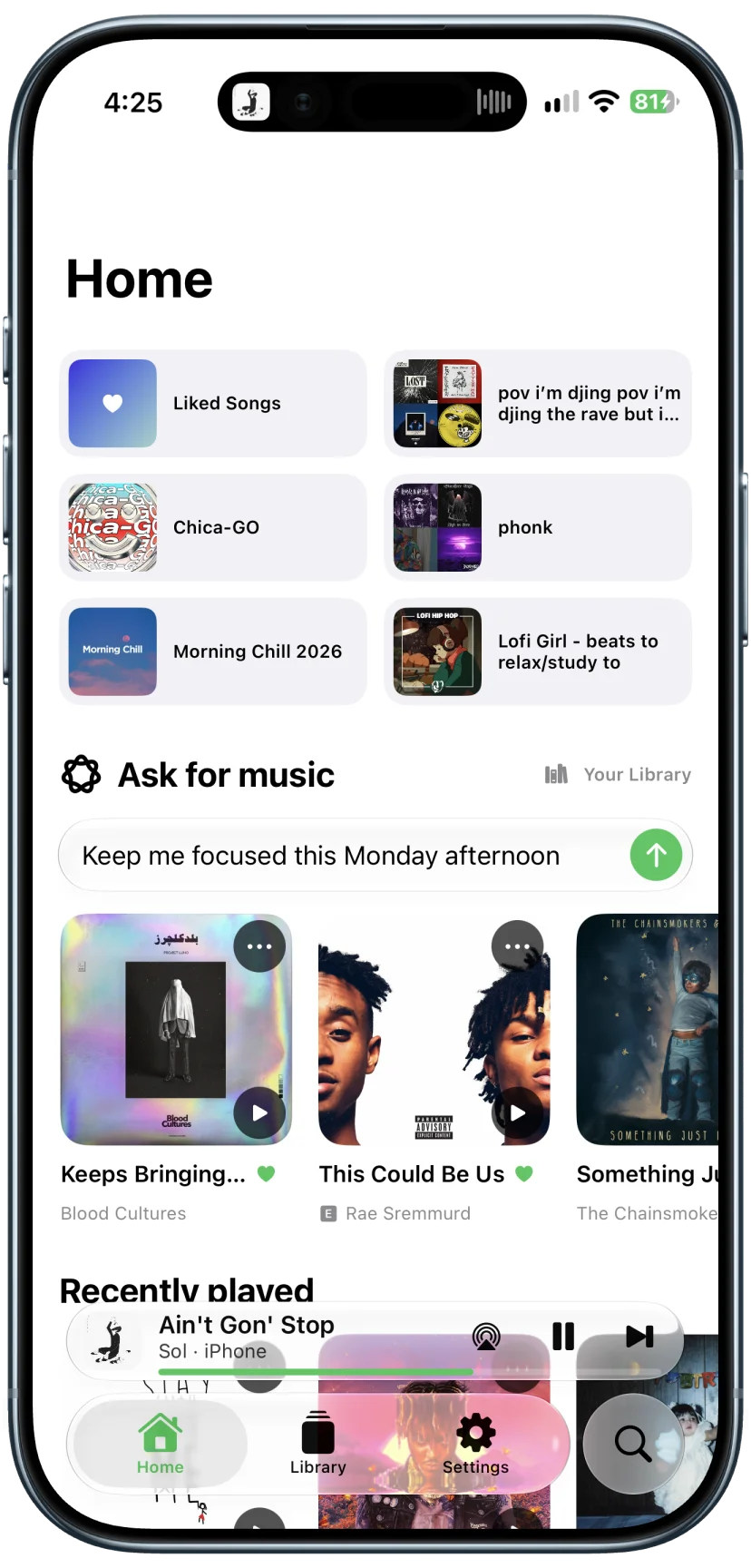 Libby Home with playlist shortcuts, Ask for music, and recently played music