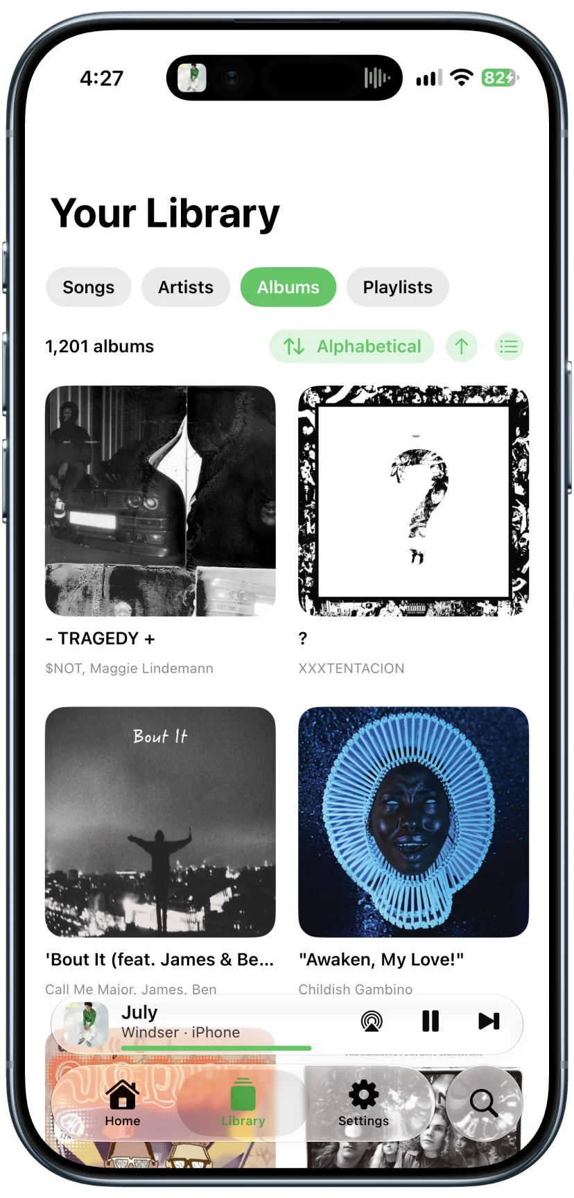 Libby album library with an alphabetical artwork grid