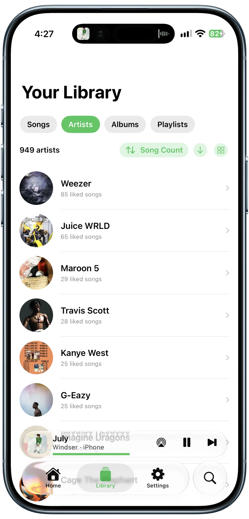 Libby artist library sorted by song count