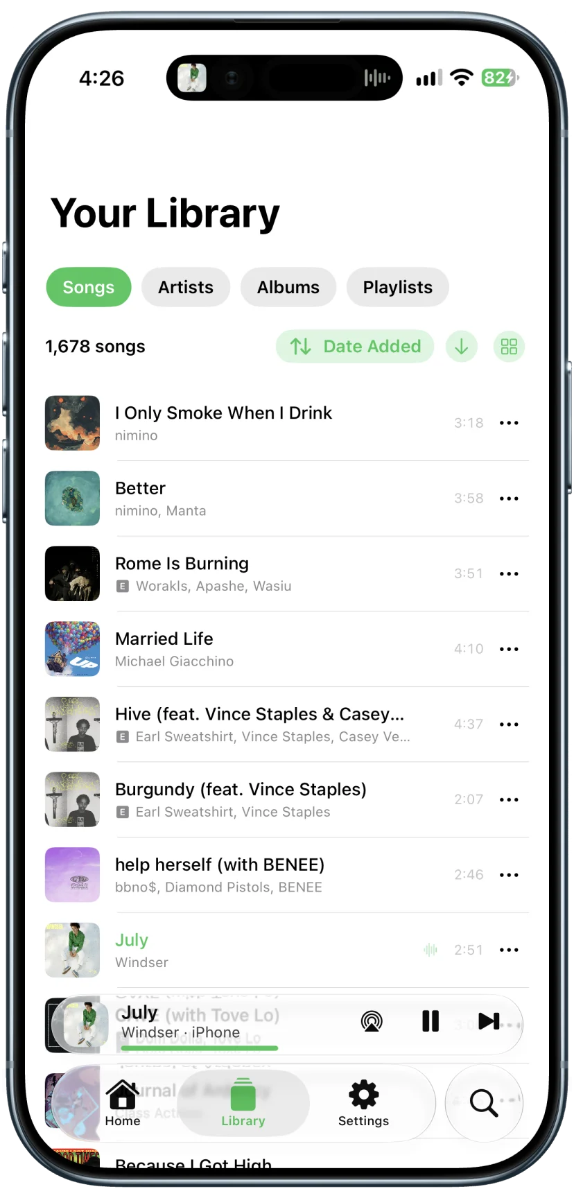 Libby song library sorted by date added