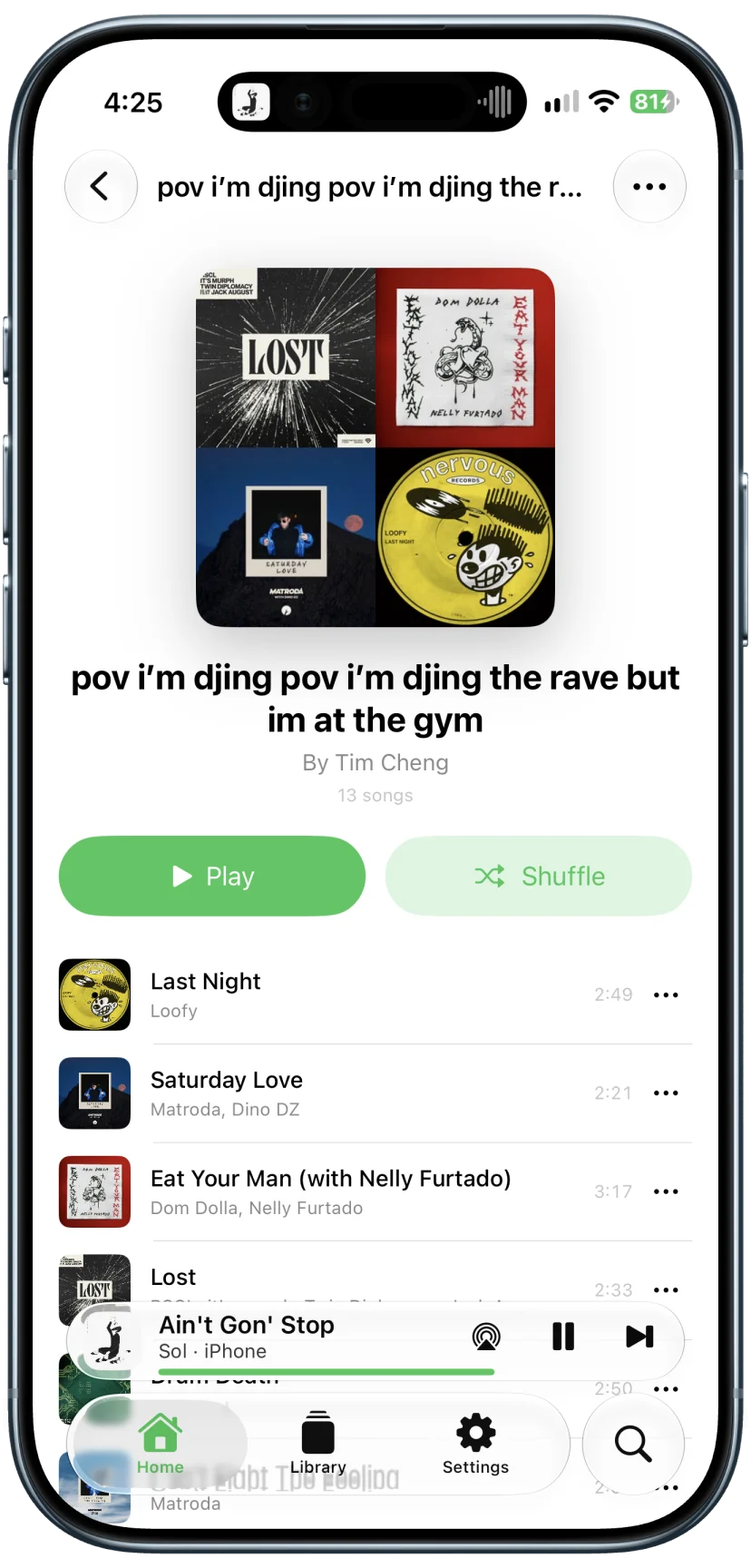 Playlist detail with cover art, a track list, and play and shuffle controls