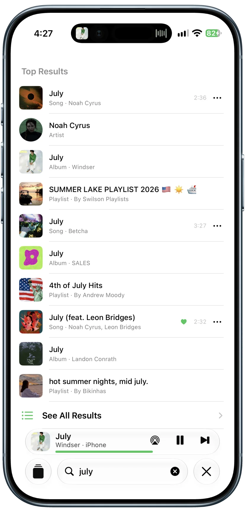 Search results for July including songs, artists, and playlists